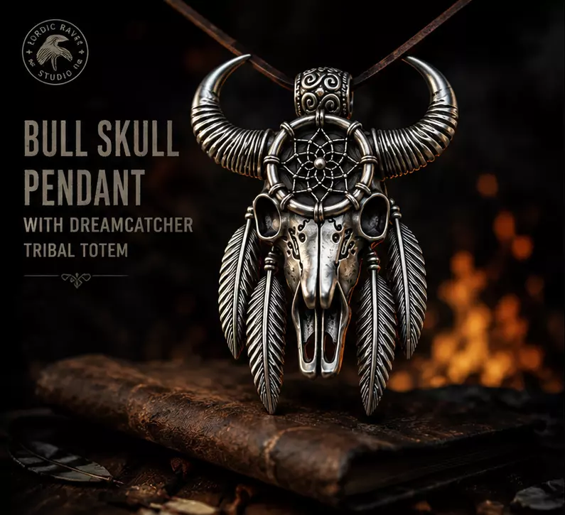 Bull Skull Pendant with Dreamcatcher Tribal Totem Jewelry 3D print model