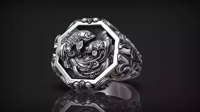 Pisces Zodiac Sign Ring Antique Relief Fish Signet