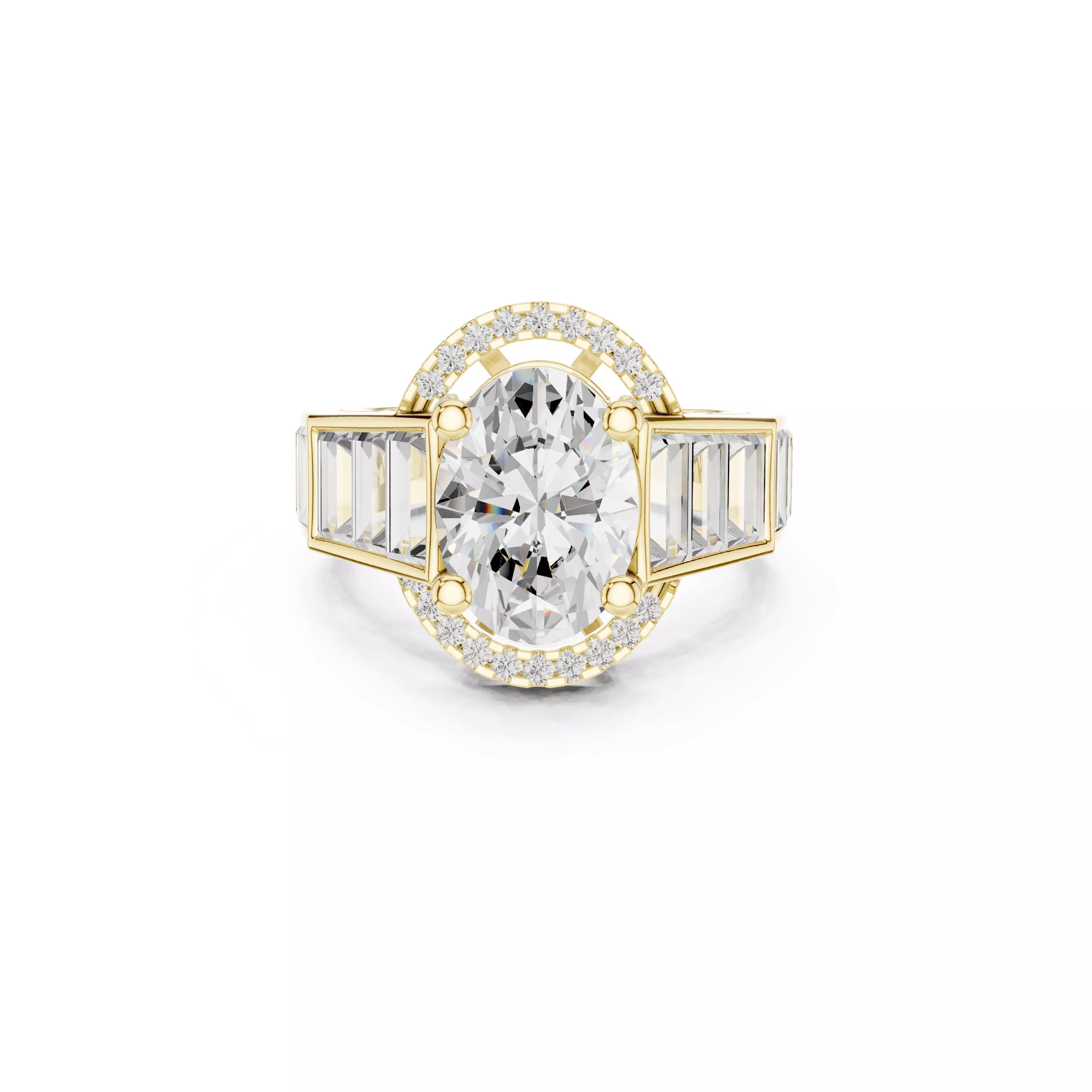 Baguette Side Stone Halo Ring Modern Luxury Statement CAD 3D print model