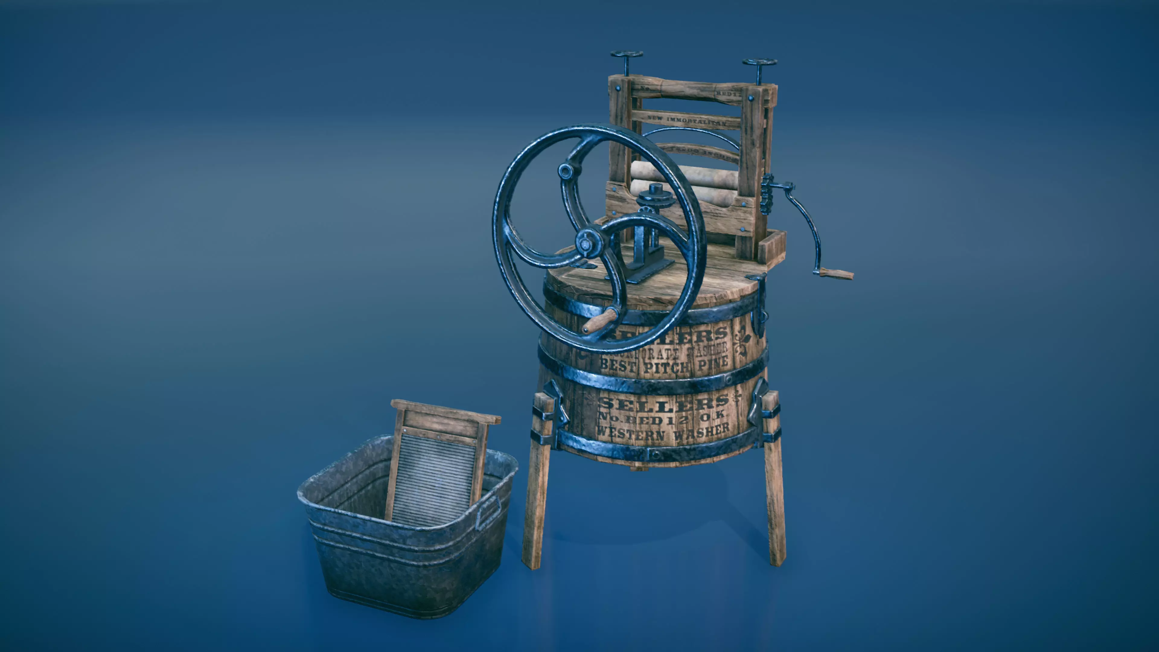 Western washing machine and washboard Low-poly 3D model_0