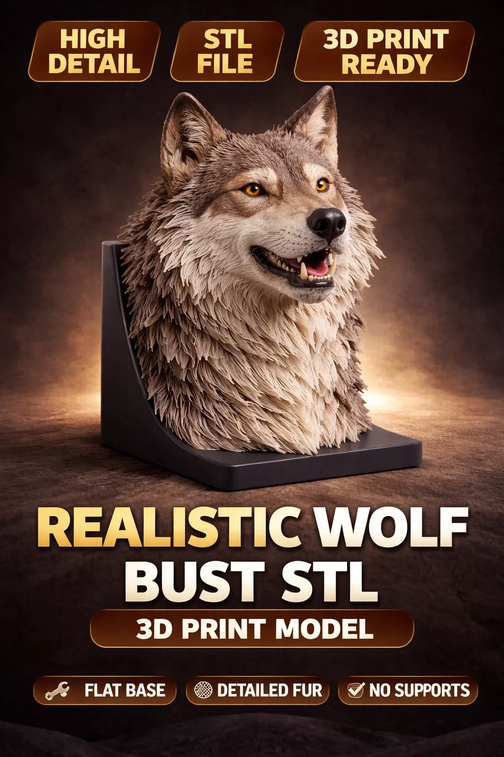 Realistic Wolf Head Bust Detail Animal Flat Base 3D Print ready 3D print model