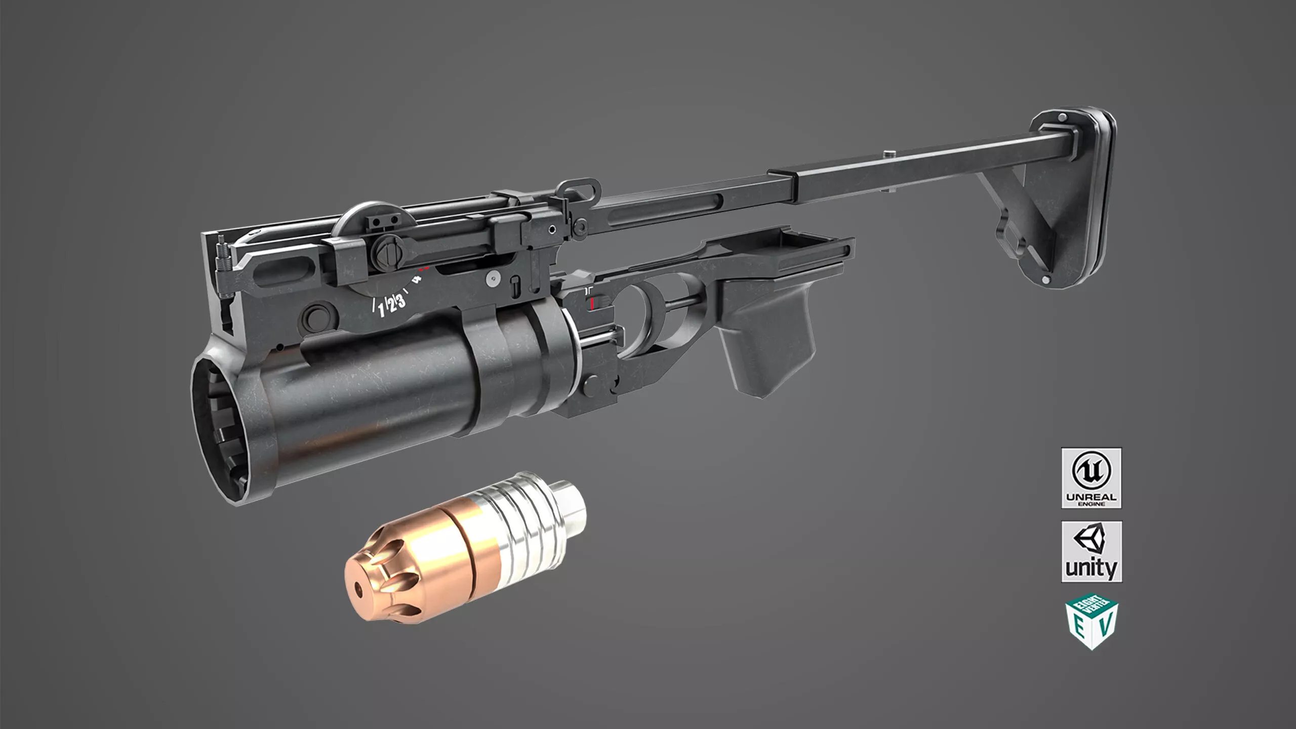 Grenade Launcher 03 Black Standalone All PBR Unity UE Textures Low-poly 3D model