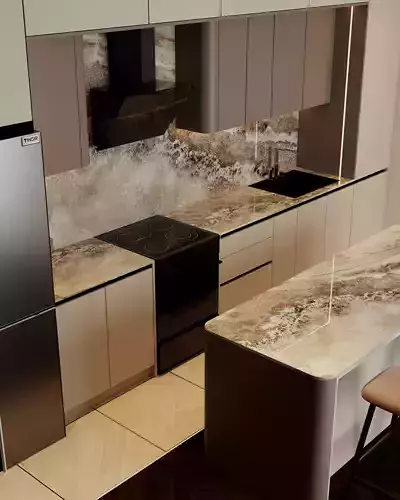 Modern Kitchen Interior with Island and Bar Stools