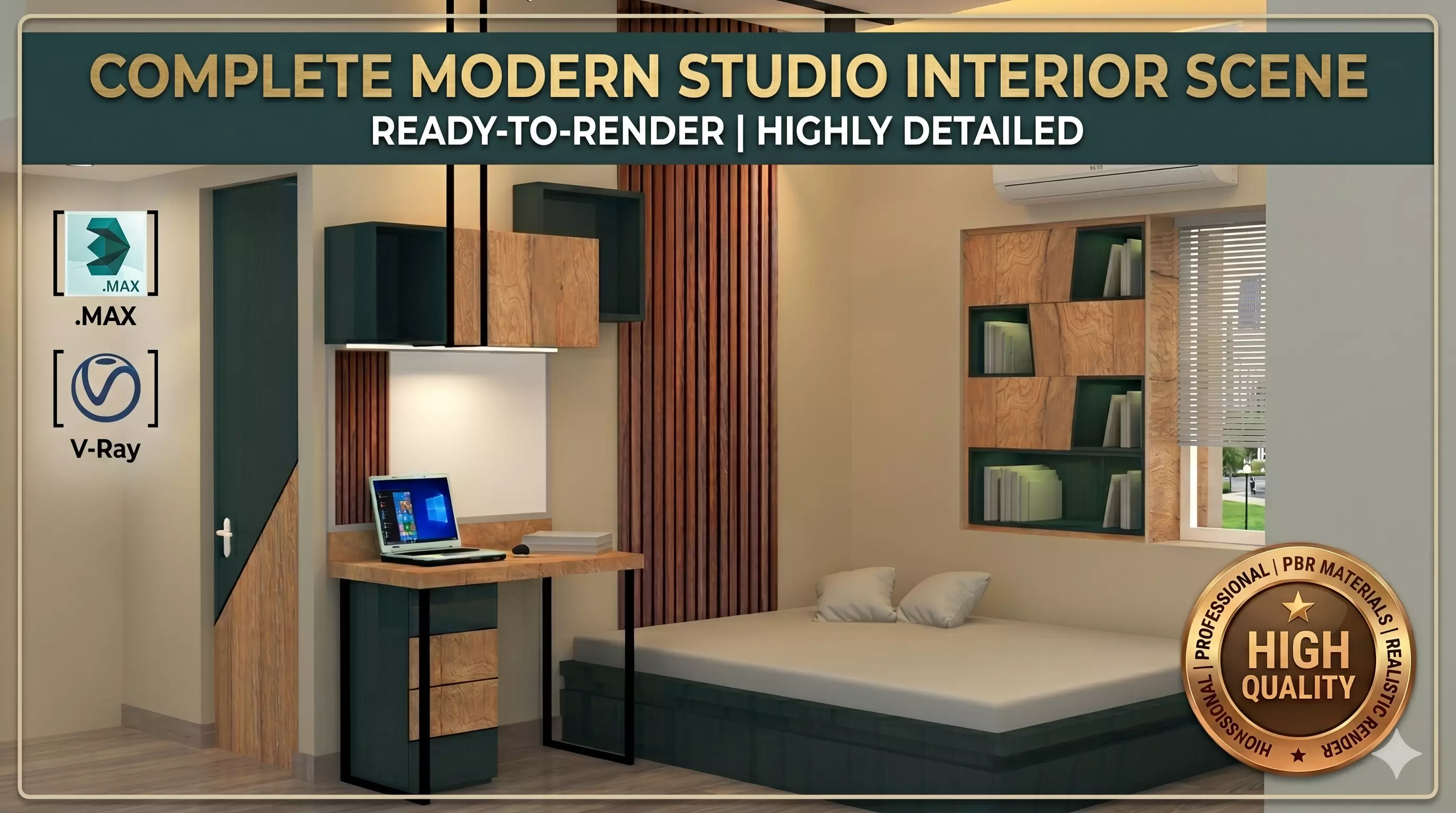Modern Compact Bedroom and Study Room Interior 3D model