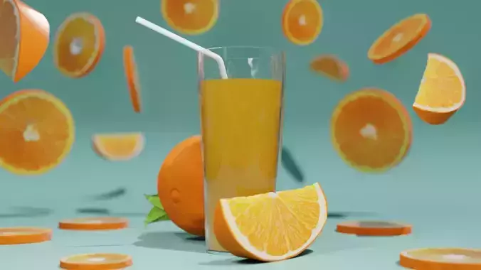Realistic Orange Juice Glass and Fresh Fruit Scene