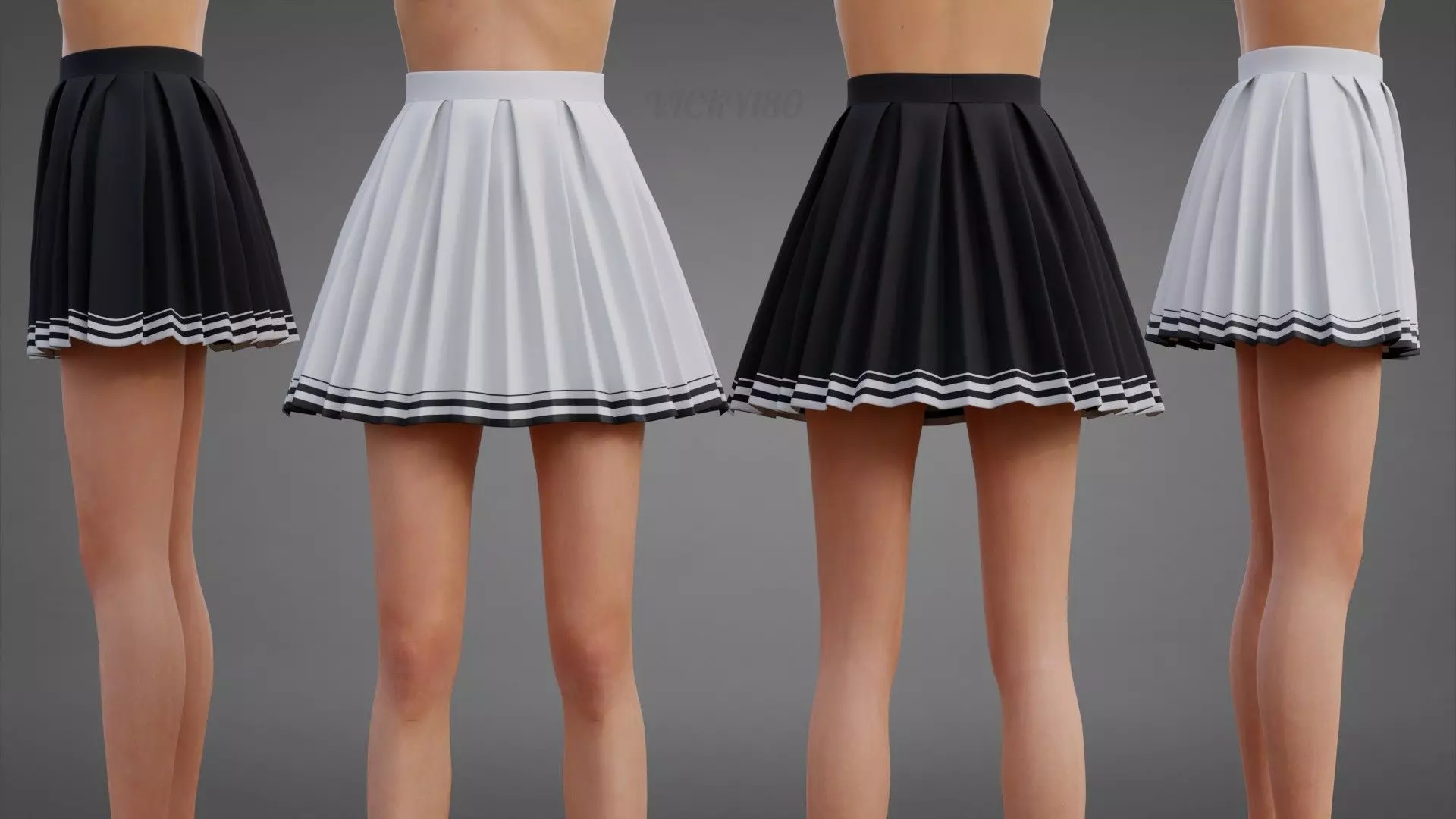 Tennis Pleated Skirt - black and white Striped Mini Skirt Low-poly 3D model