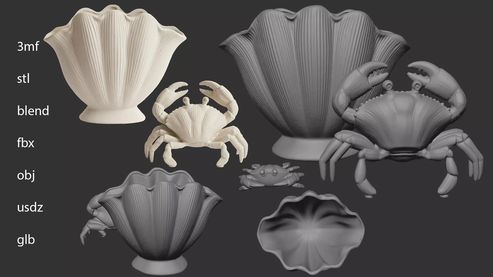 Shell Vase Crab Statue Coastal Decor 3D Print Set STL 3MF 3D print model