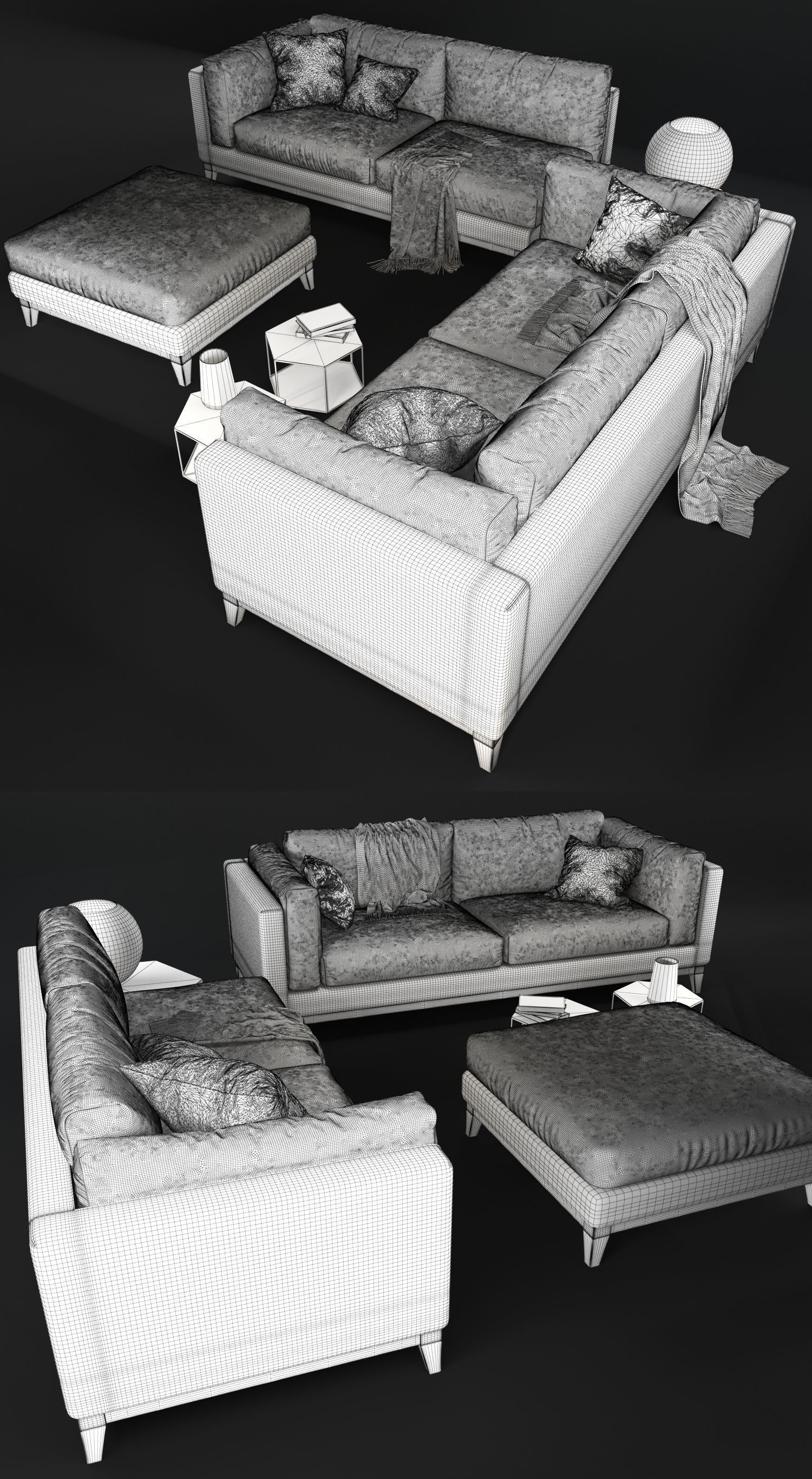 Sofa Realistic couch with pillows and coffee table 3D model_8
