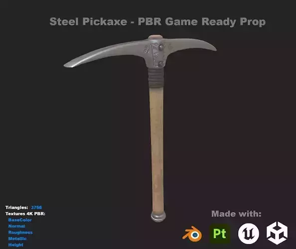 Steel Pickaxe - Game Ready PBR Tool Mining Tool Prop
