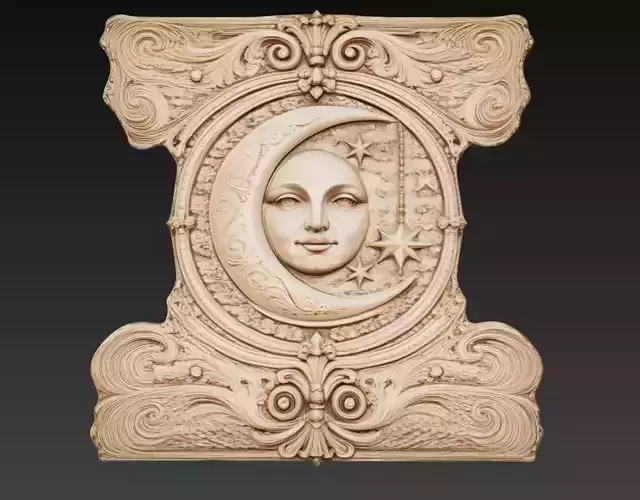 Moon Face Relief Baroque Celestial Wall Panel 3D Model STL
