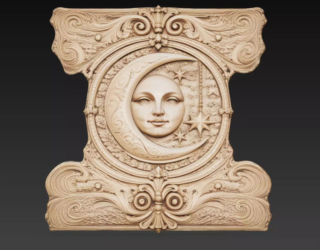 Moon Face Relief Baroque Celestial Wall Panel 3D Model STL 3D print model