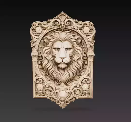 Baroque Lion Head Relief Ornamental Wall Panel 3D Model STL