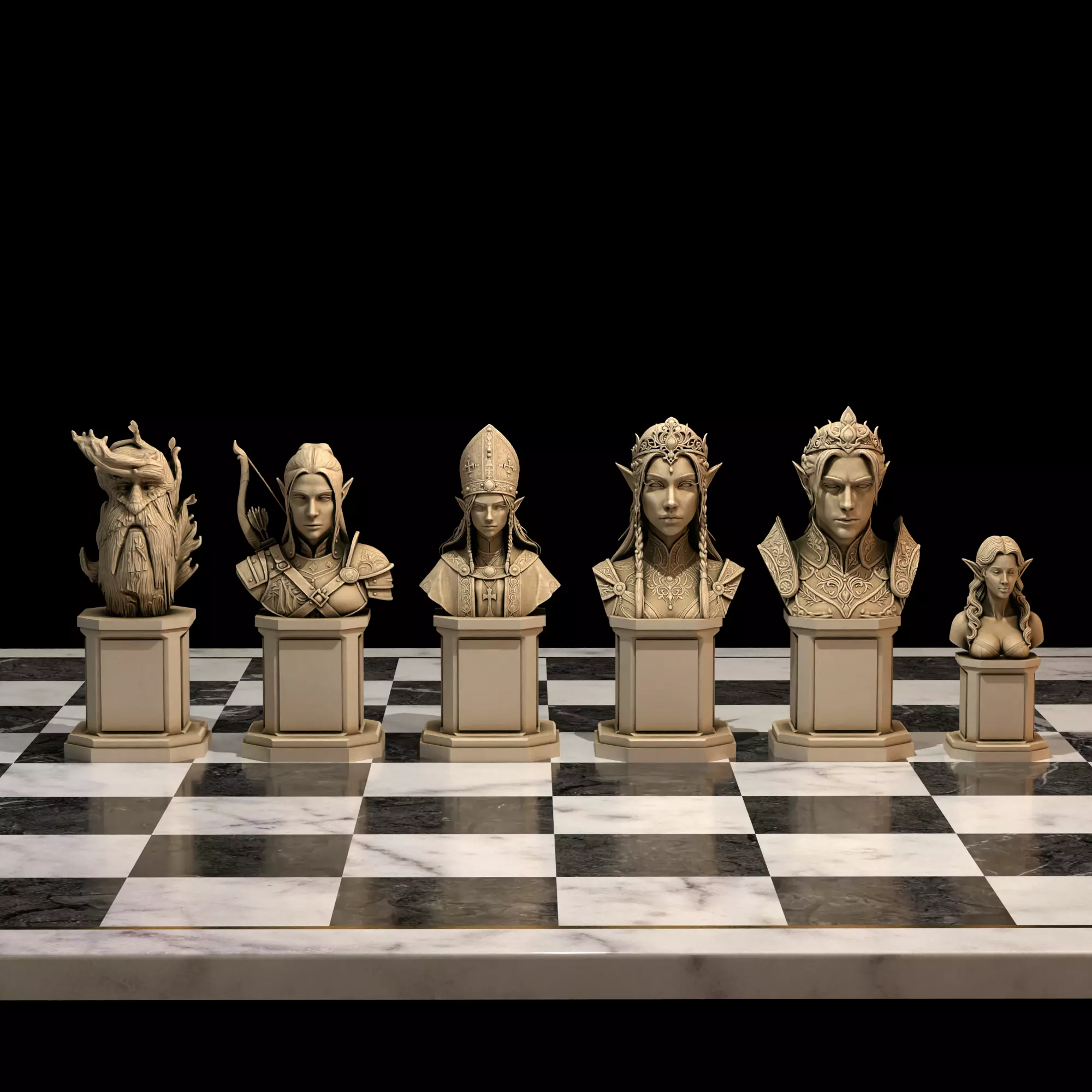 Elven Fantasy Chess Pieces Elf Chess Set 3D Printable STL 3D print model