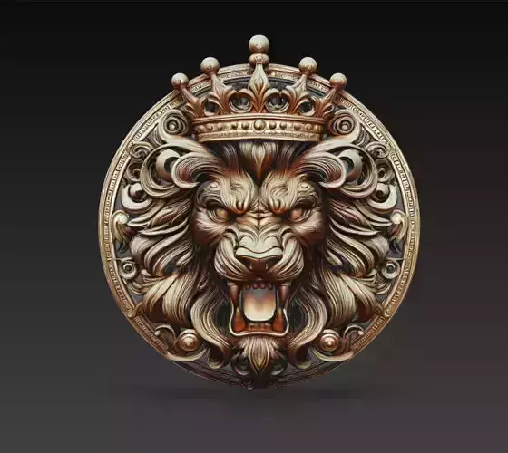 Royal Lion Head Crown Crest Relief King Emblem 3D Model STL