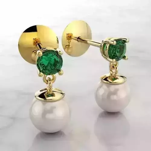 Drop Earrings with Pearl 6mm and Round ShapeEmerald