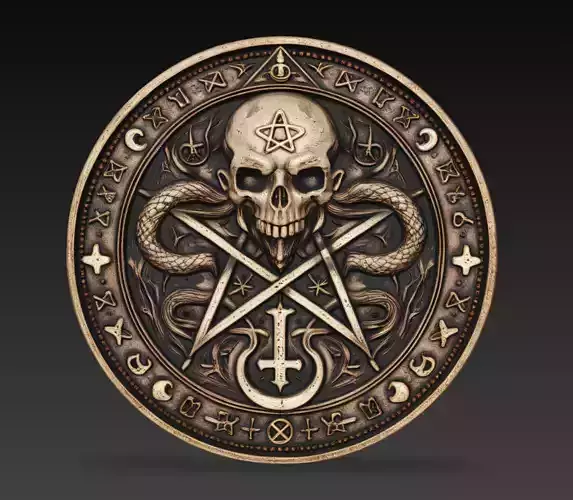 Dark Occult Skull Snake Pentagram Coin Ritual Relief