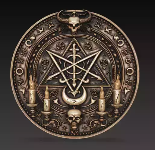 Dark Occult Pentagram Skull Candle Ritual Coin Relief