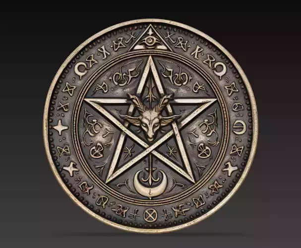 Occult Pentagram Goat Symbol Coin Relief Dark Magic Medallion
