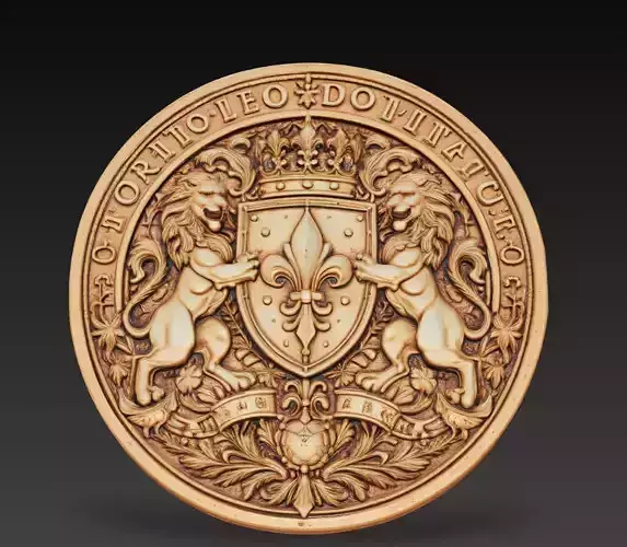 Royal Lion Heraldic Seal Fleur De Lis Crest 3D Model STL
