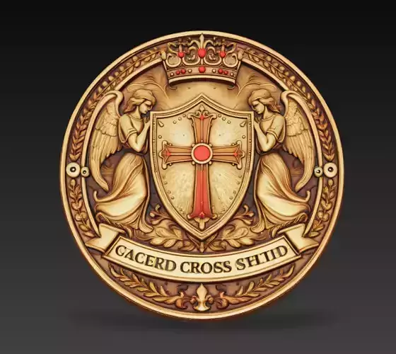Sacred Cross Angel Crest Relief Coin 3D Model STL