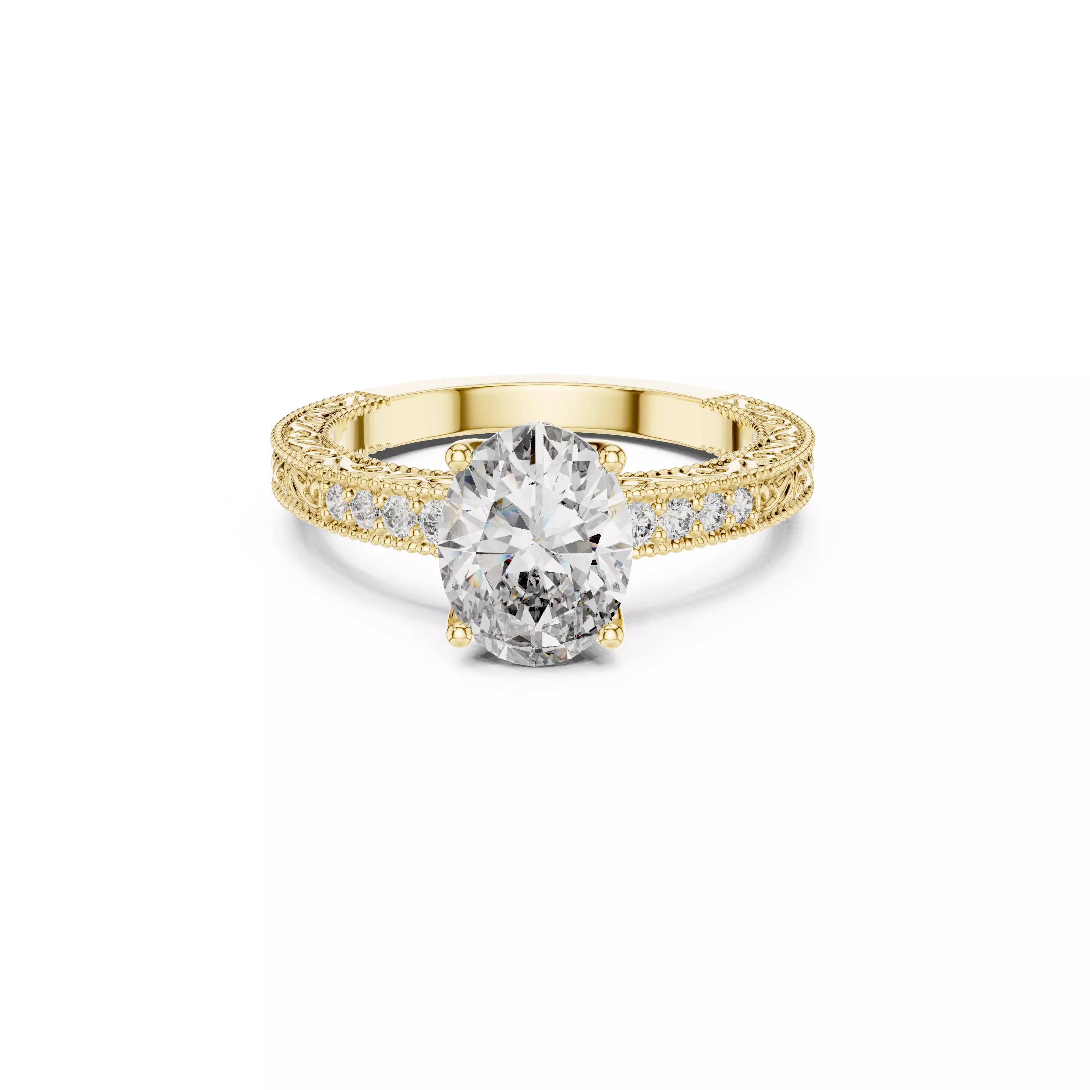 Oval Diamond Engagement Ring Vintage Milgrain Filigree Pave Band 3D print model