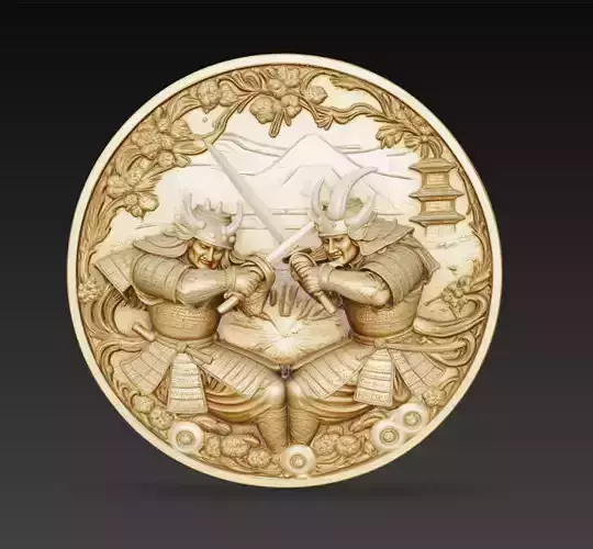 Samurai Duel Battle Relief Coin 3D Model STL
