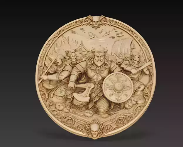 Viking Warrior Battle Relief Round Wall Panel