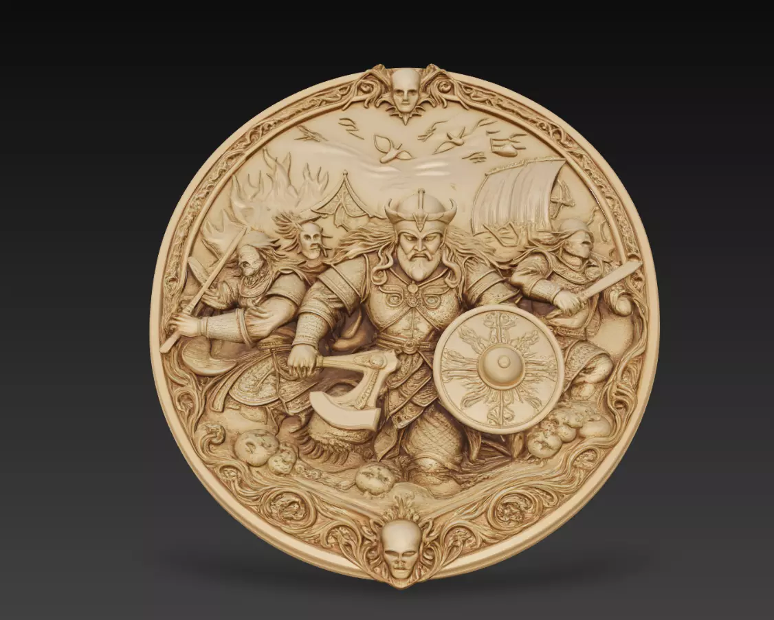 Viking Warrior Battle Relief Round Wall Panel 3D print model