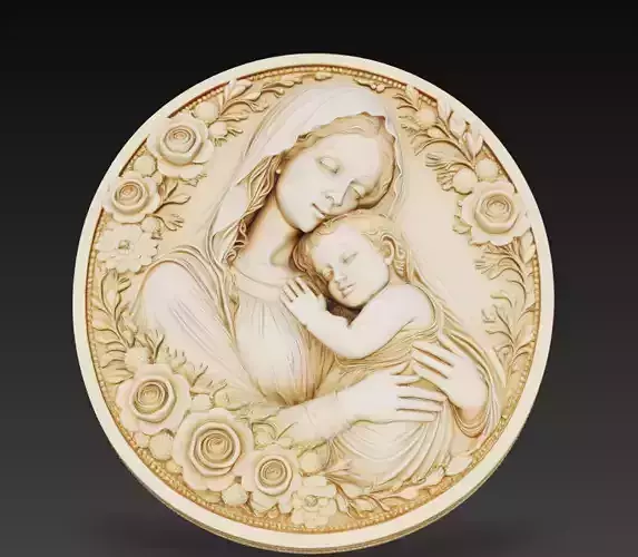 Virgin Mary and Child Floral Round Relief 3D Model