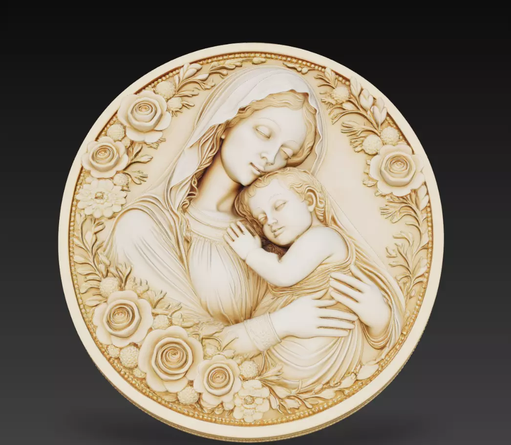 Virgin Mary and Child Floral Round Relief 3D Model 3D print model