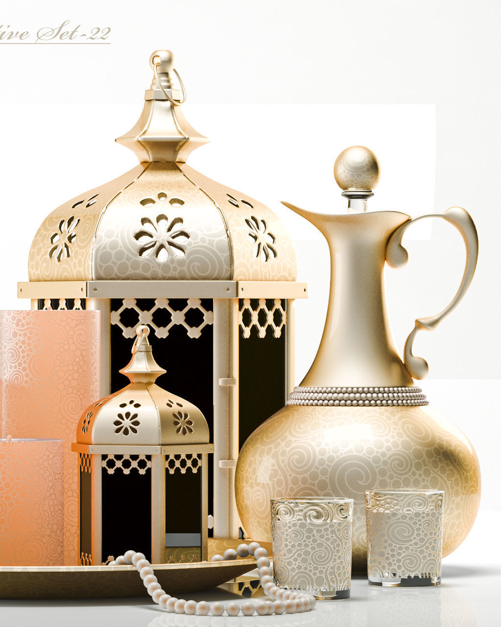Decorative Set moroccan lantern with candles and candlesticks 3D model_1