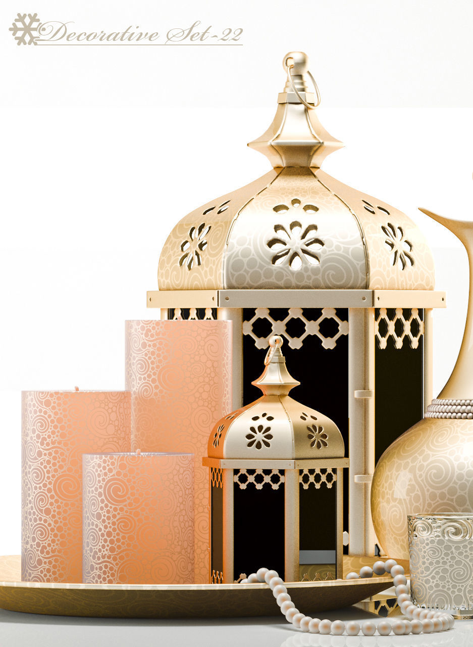 Decorative Set moroccan lantern with candles and candlesticks 3D model_3