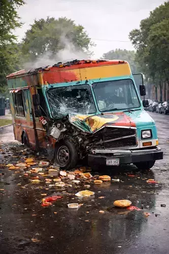 Crashed Wrecked Food Truck Damaged Street Service Vehicle