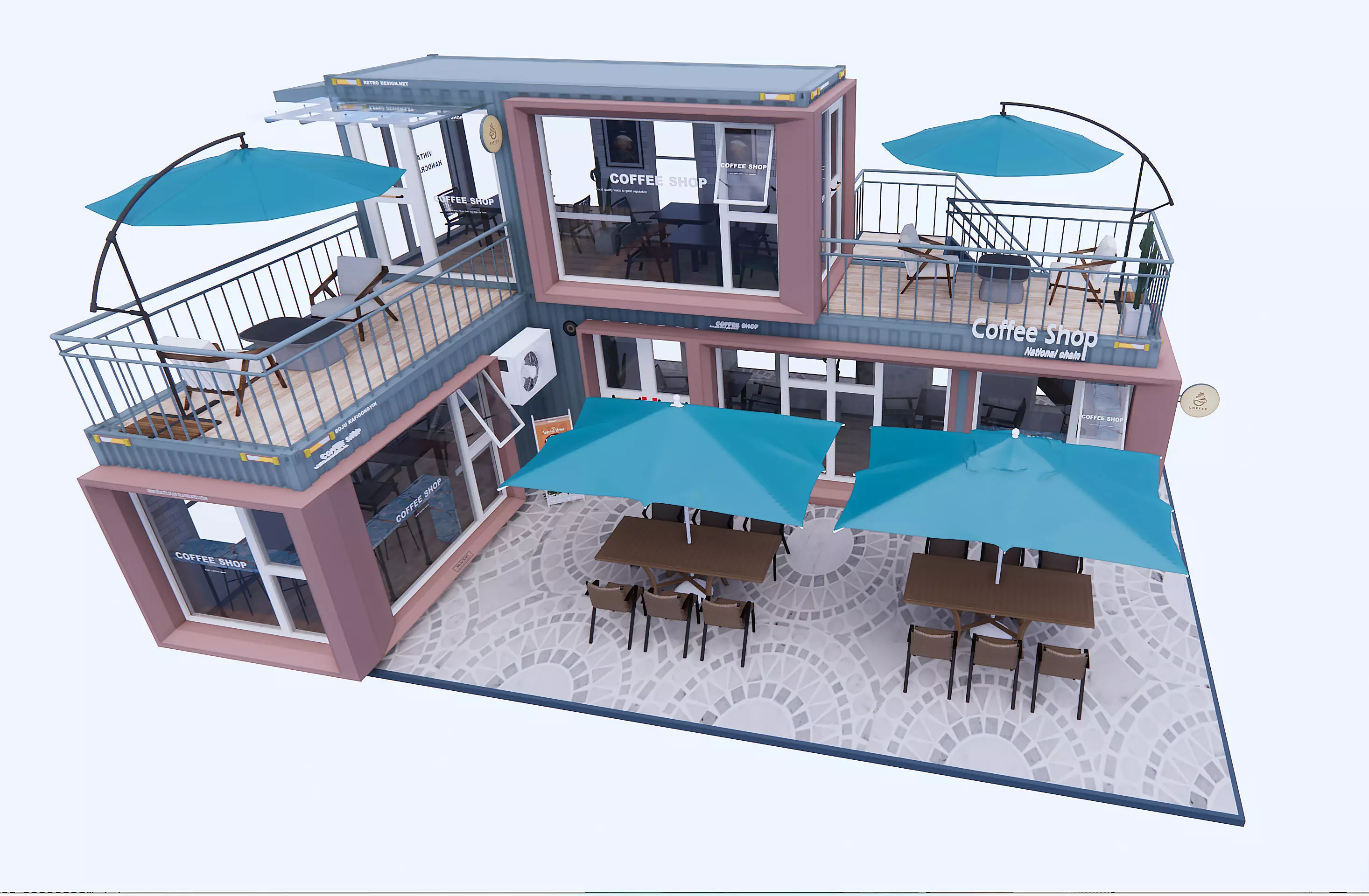 Modern Container Coffee Shop 3D Model Rooftop Terrace 3D model