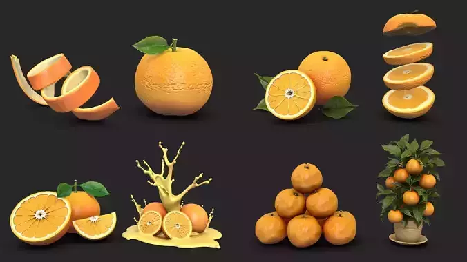 Orange Fruit Pyramid and Tree - Decorative High Poly Set 3D print model 7