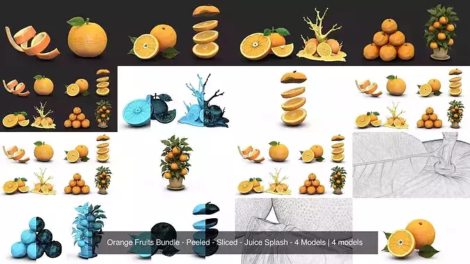 Orange Fruits Bundle - Peeled - Sliced - Juice Splash - 4 Models 3D Model Pack
