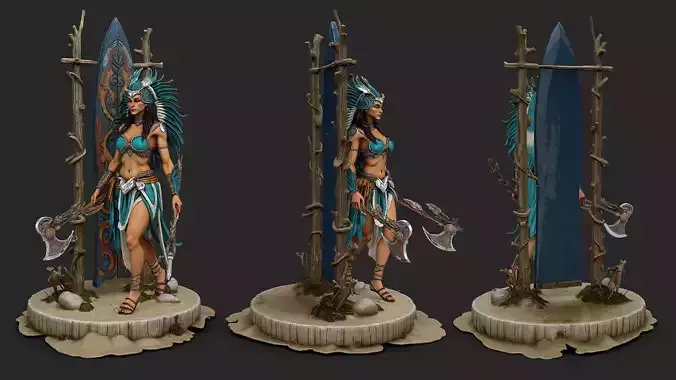 Native american warrior woman with axe high poly resolution