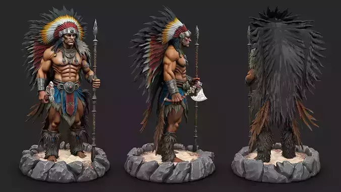 Native American Warrior Chief with Axe - High Poly Collectible