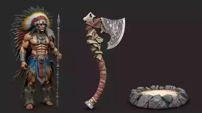 Native american warrior chief with axe high poly resolution