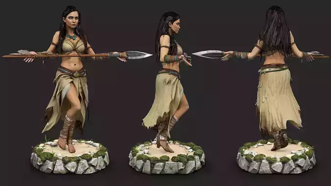 Native american warrior woman with polearm high poly resolution