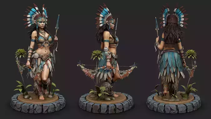 Native american warrior woman on stand with bow high poly