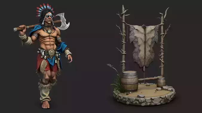 Native amerian warrior with axe with wooden bracket