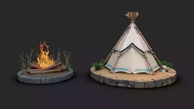 Native american tent with campfire model High Resoultion