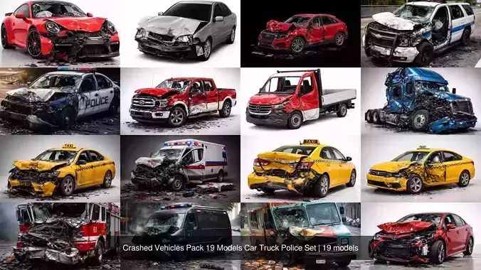 Crashed Vehicles Pack 19 Models Car Truck Police Set