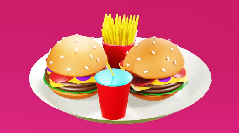 Mega Crunch Layered Burger with French Fries and cold drink Free low-poly 3D model