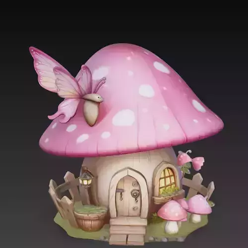 Cute Mushroom House Fairy Cottage Pink Fantasy Home Stylized
