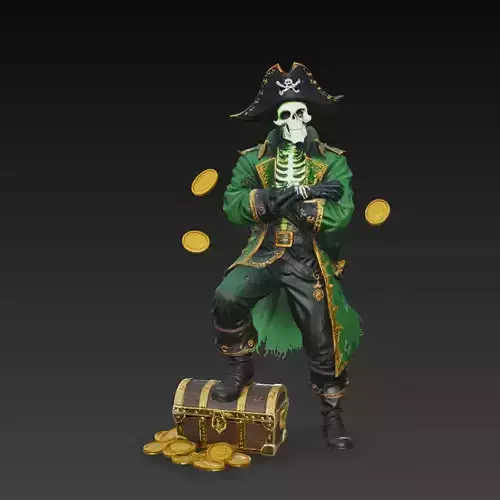 Skeleton Pirate Captain Treasure Statue STL 3D Print Model