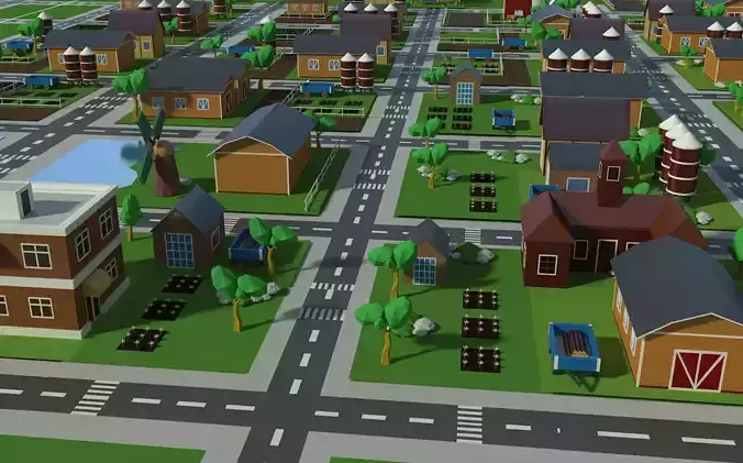 Village houses buildings Low-poly 3D model