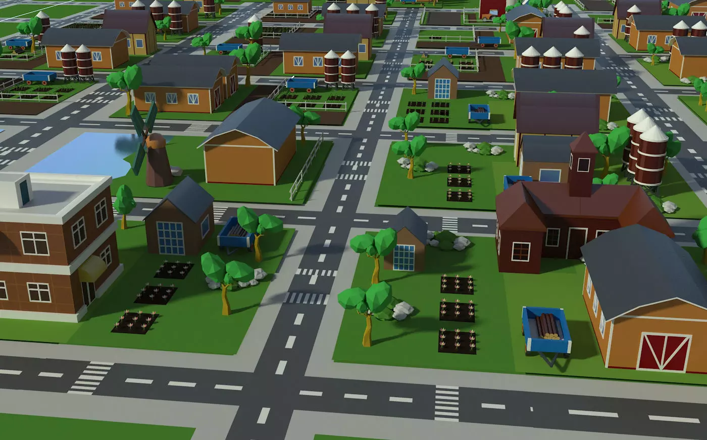 Village houses buildings Low-poly 3D model_0