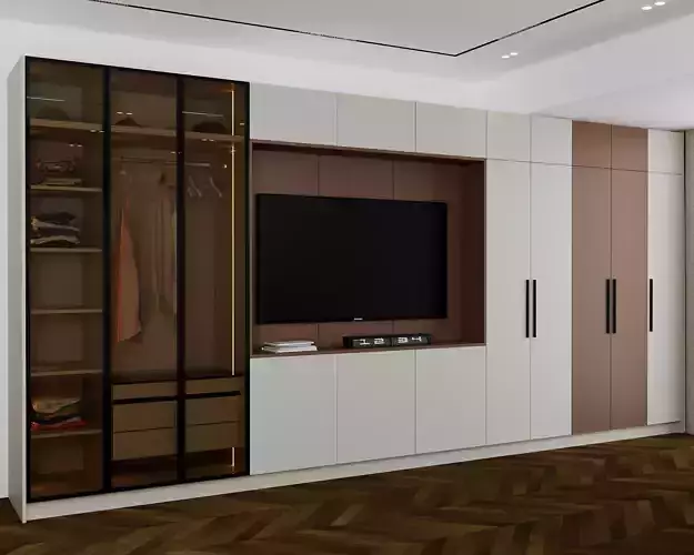 Modern Wardrobe Wall with TV Unit and Glass Closet